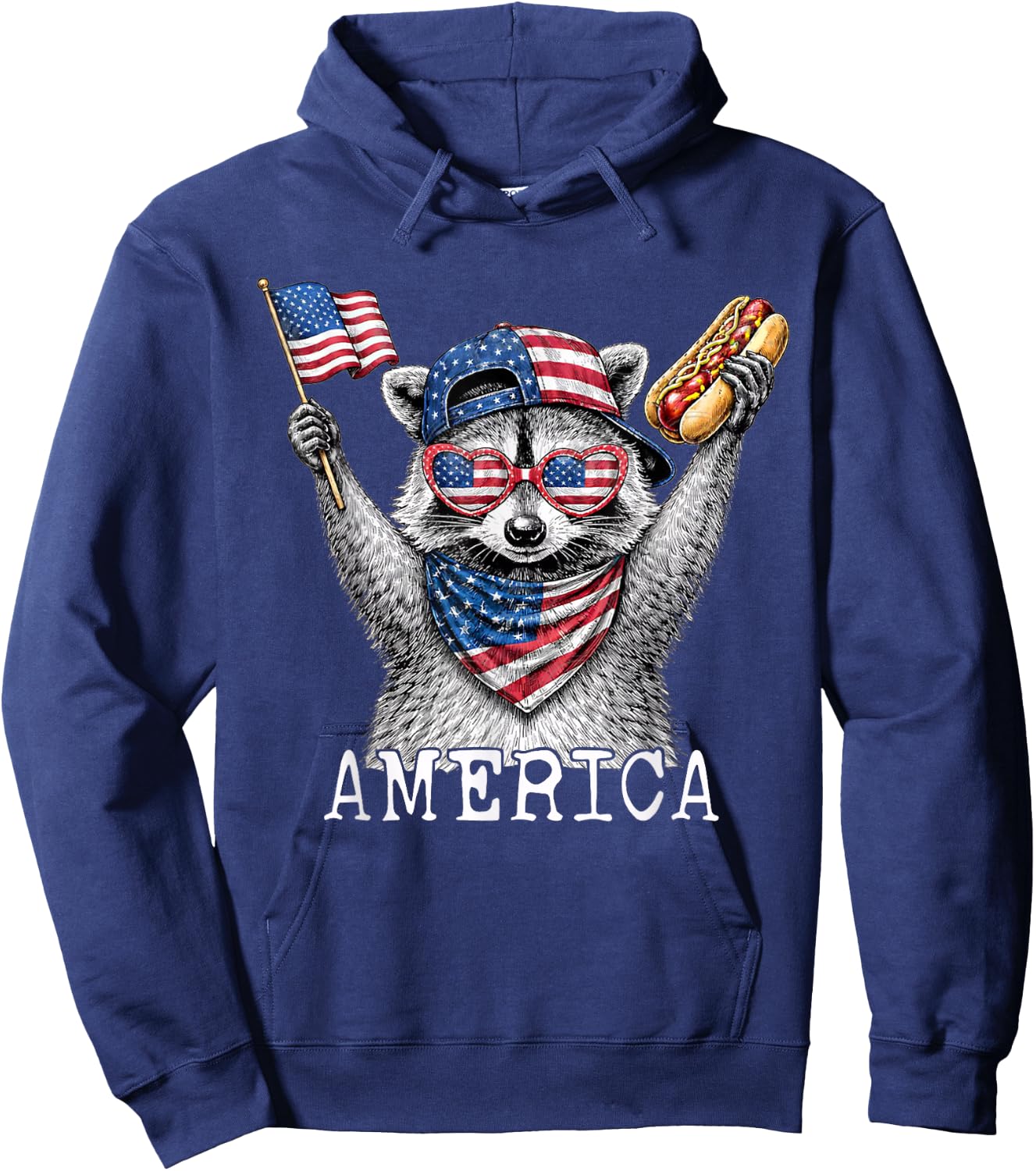 America Raccoon Holding A Hot Dog Patriotic American Flag Hoodie - Hoodie | Navy