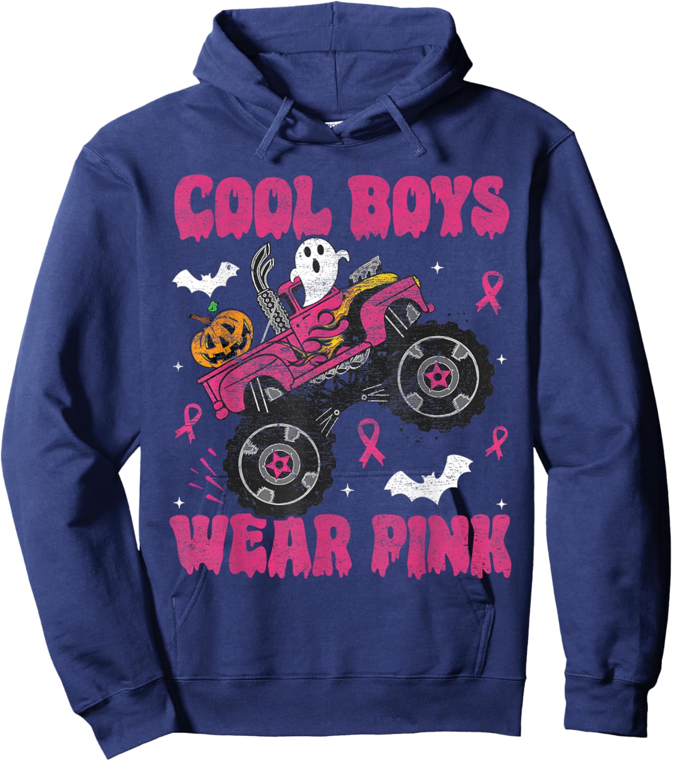 Cool Boys Wear Pink Monster Truck Halloween Breast Cancer Hoodie - Hoodie | Navy