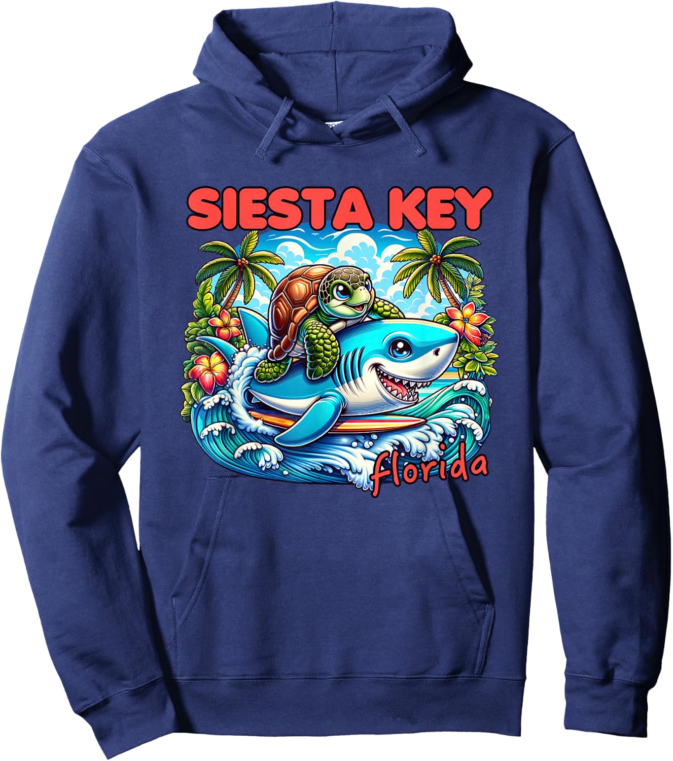 Siesta Key Florida Beach Turtle and Shark Hoodie - Hoodie | Navy
