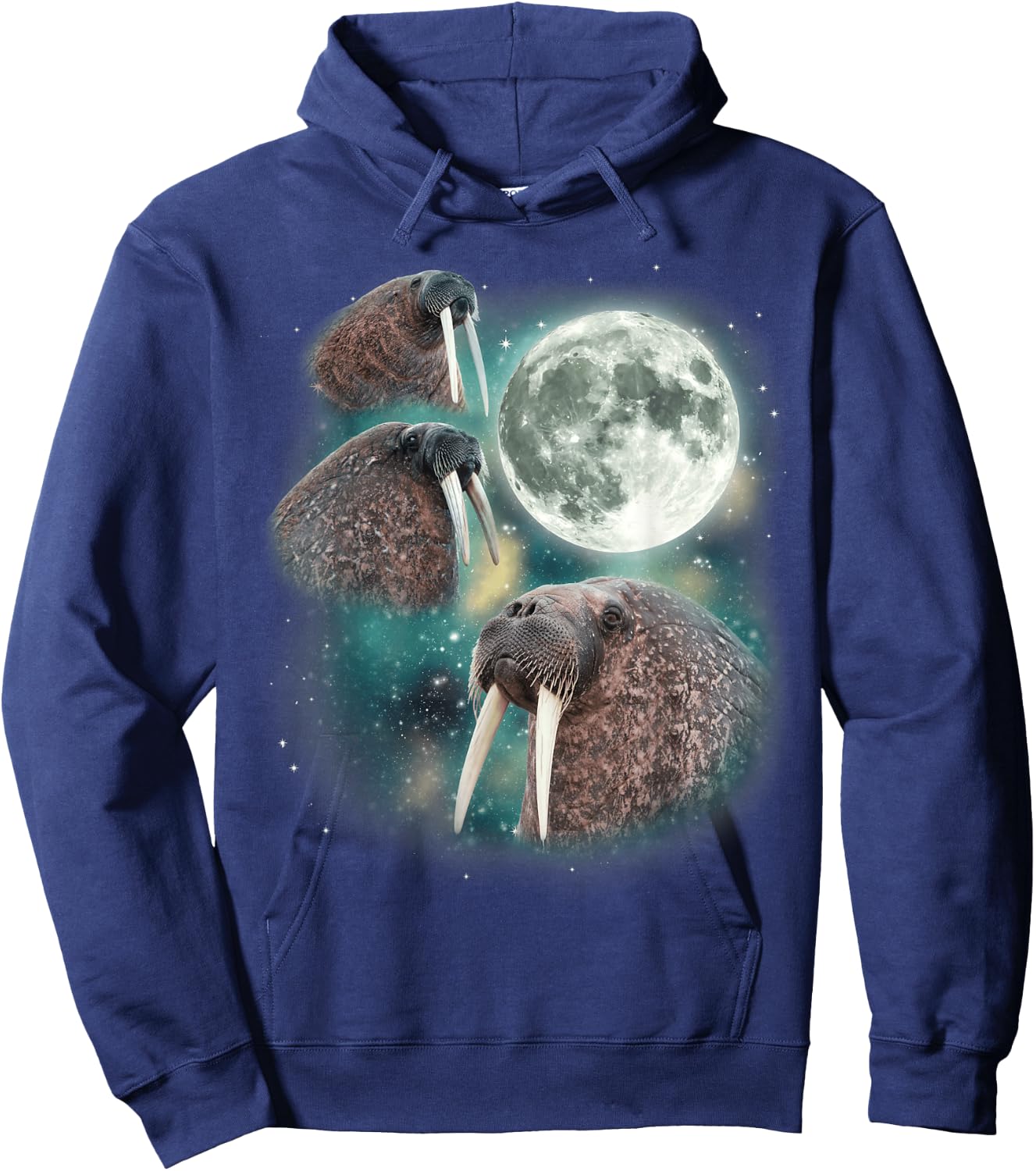 Three Walrus Moon | 3 Howling Walruses Pinniped Moon Parody Hoodie - Hoodie | Navy