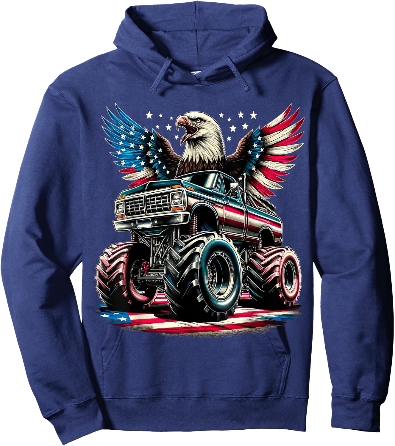 4th of July Boys Monster Truck Bald Eagle American Flag USA Hoodie - Hoodie | Navy