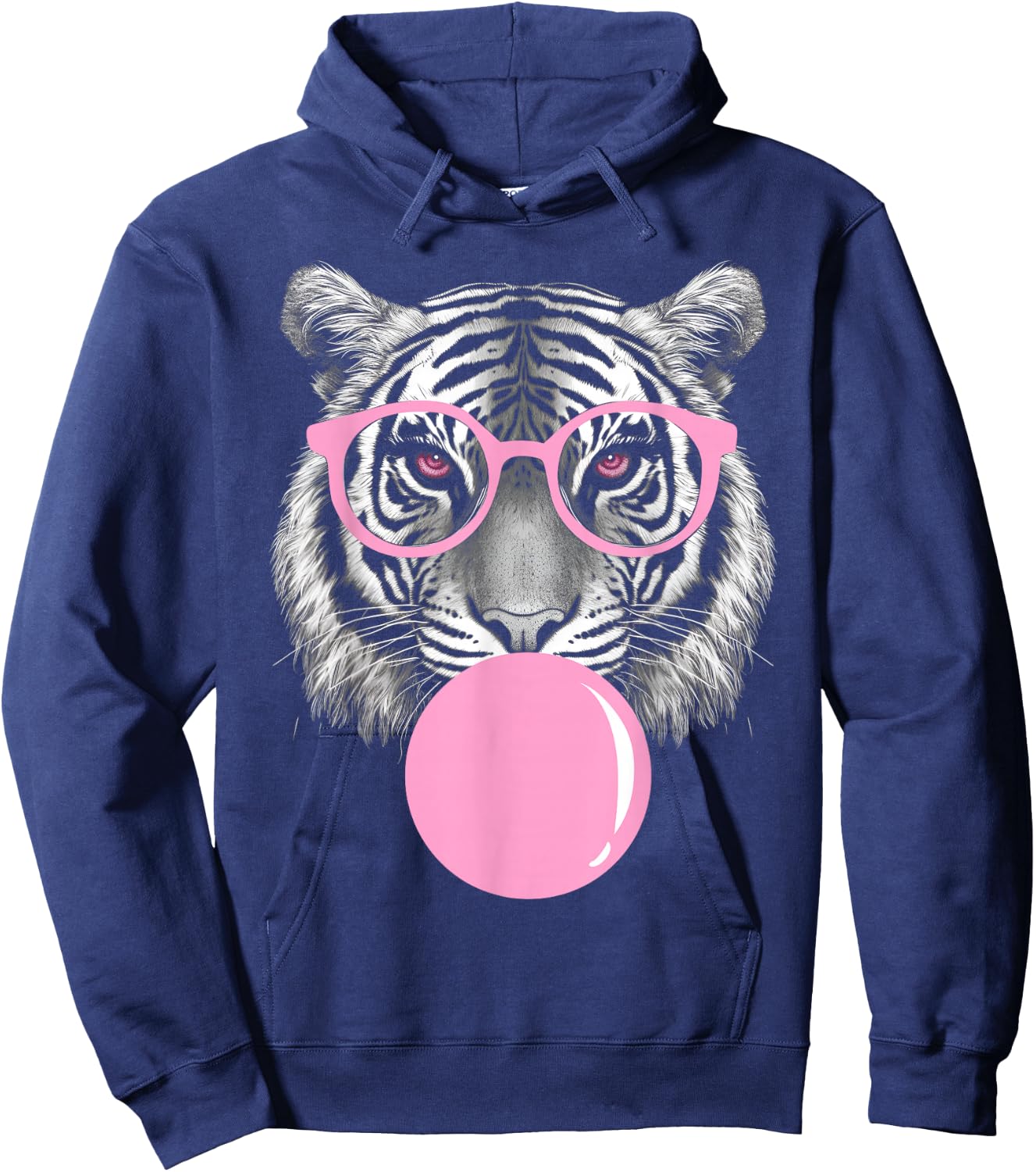 Funny Tiger Wearing Glasses and Blowing Pink Bubble Gum Hoodie - Hoodie | Navy