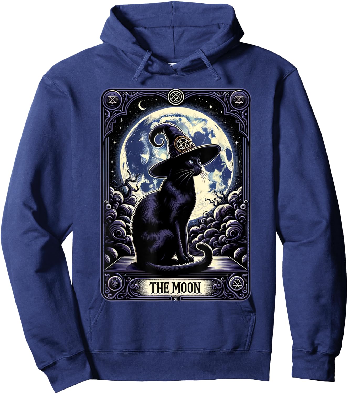 Vintage Tarot Card Style Crescent Moon & Witch Hat Black Cat Men Women Hoodie - Hoodie | Navy