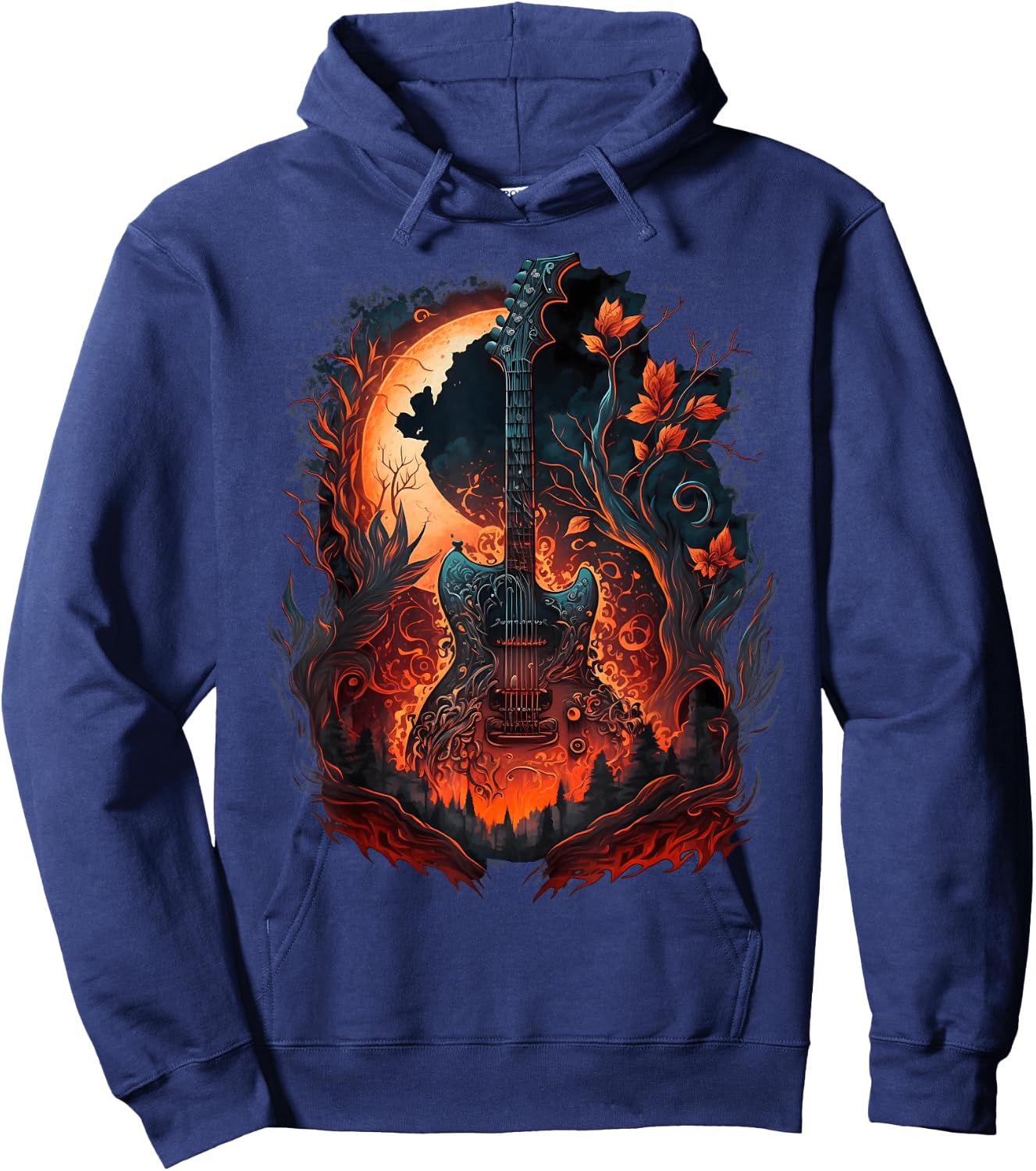 Flaming Electric Guitar in Burning Nature with Flames Hoodie - Hoodie | Navy