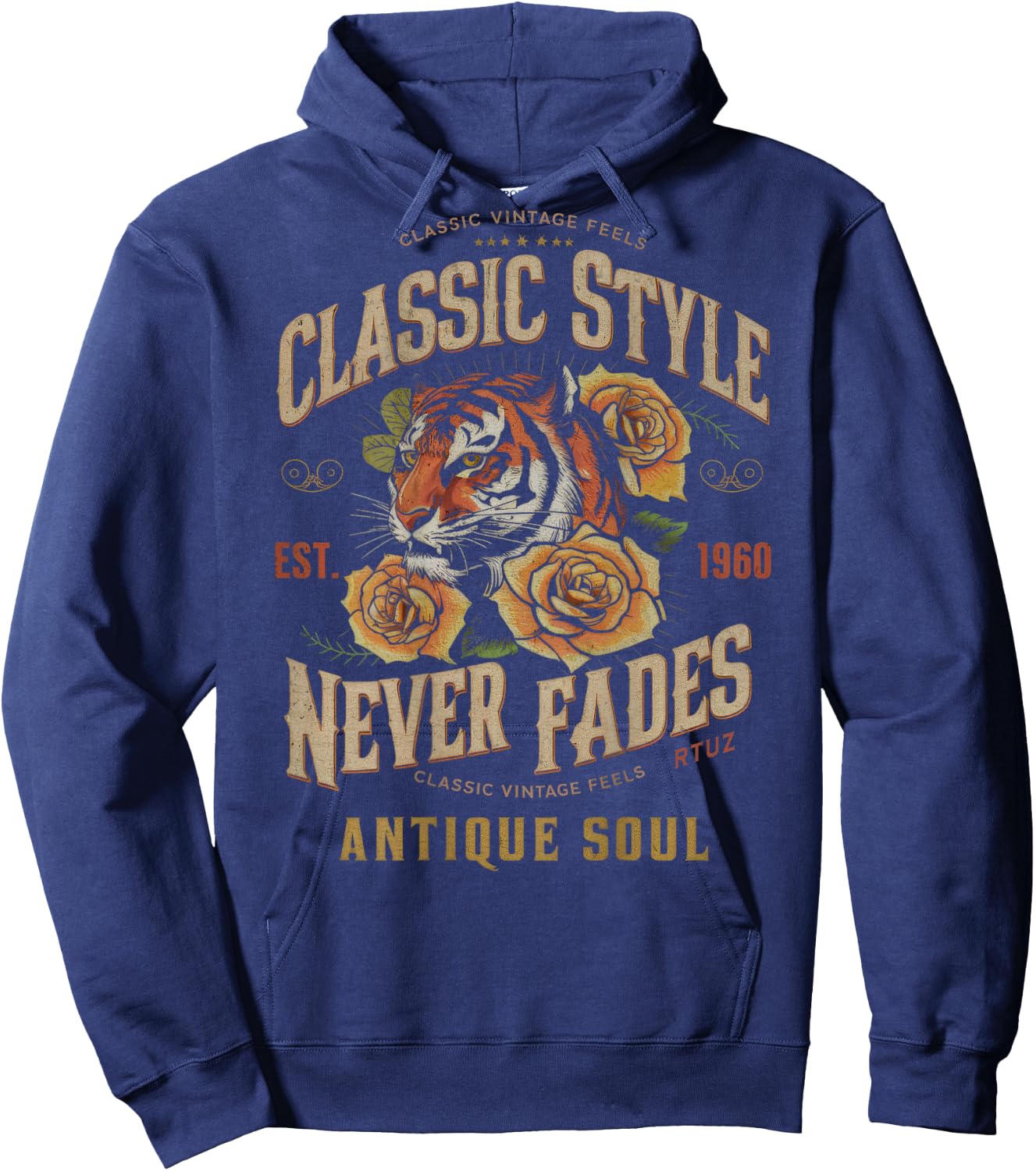 Hip Hop Vintage Retro Urban Y2K Back Print Streetwear Tiger Hoodie - Hoodie | Navy