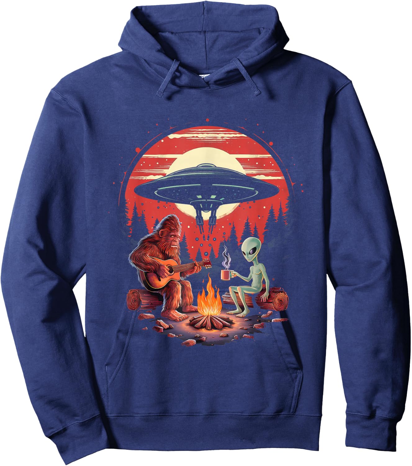 Alien And Bigfoot Campfire Sasquatch UFO For Outdoor Lovers Hoodie - Hoodie | Navy