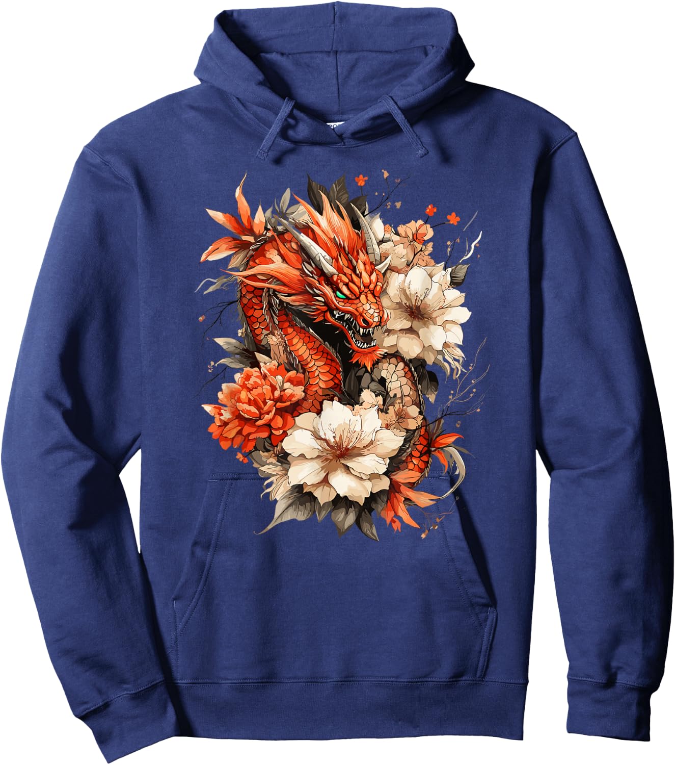 Crimson Serpent and Peony Bloom Asian Myth Motif Hoodie - Hoodie | Navy