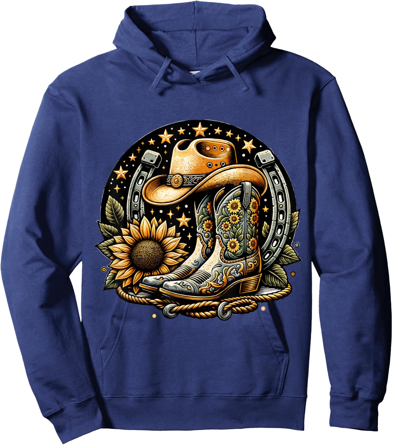 Vintage Cowboy Boot Horseshoe SunflowerRetro western Cowgirl Hoodie - Hoodie | Navy