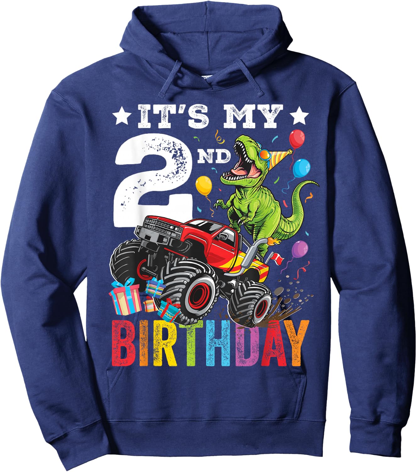 Two 2nd Birthday Dinosaur Monster Truck Hoodie - Hoodie | Navy