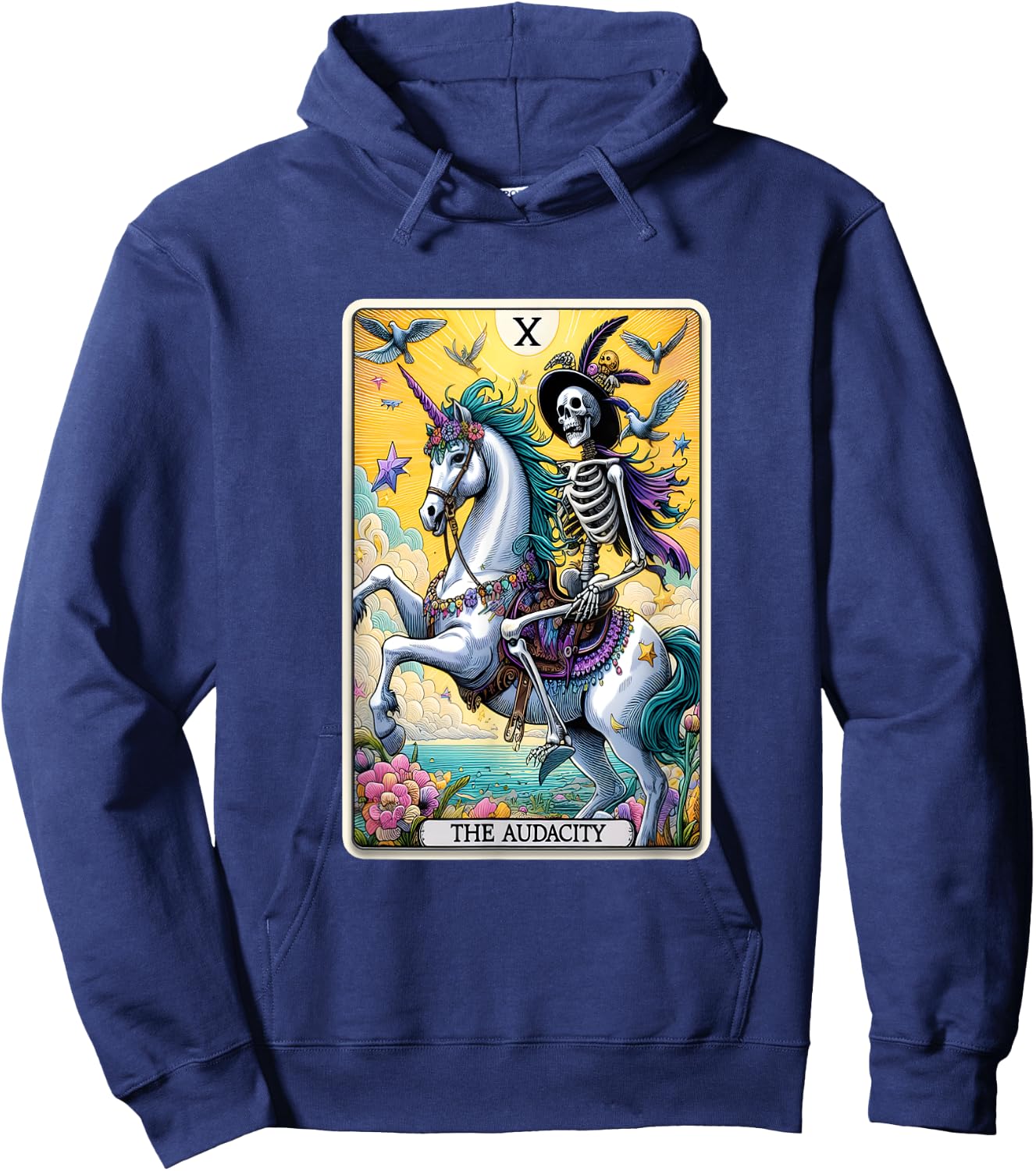 Audacity Tarot Card Sarcastic Skeleton Riding Unicorn Hoodie - Hoodie | Navy