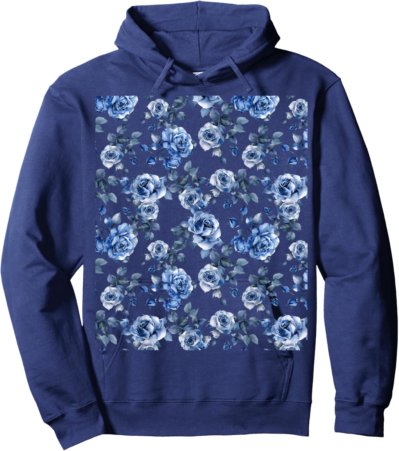 Blue and White Rose Flower Design Hoodie - Hoodie | Navy