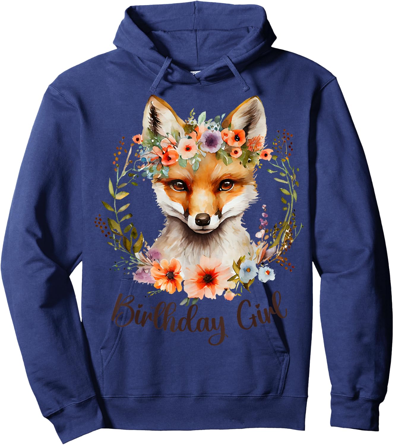 Cute Fox with flowers and words "Birthday Girl" Women Girls Hoodie - Hoodie | Navy