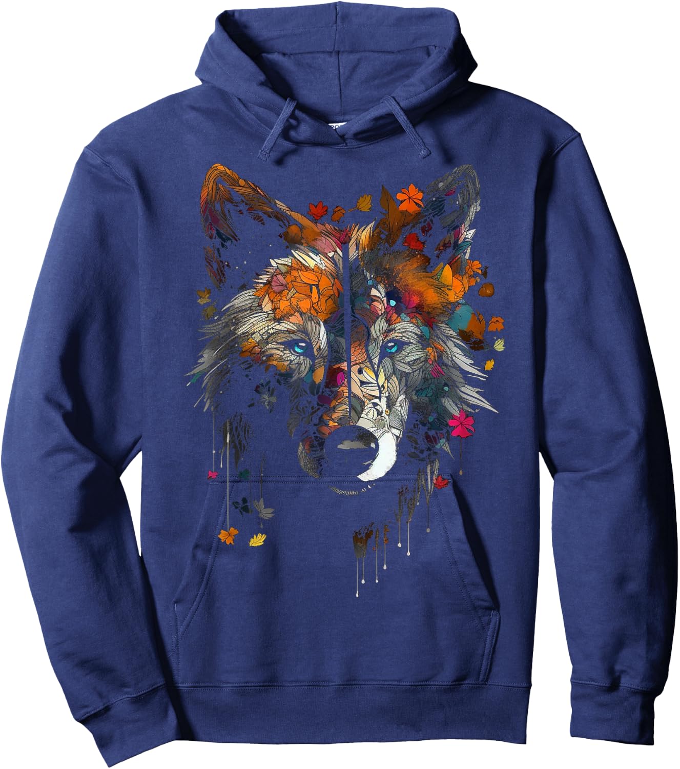 Wolf Autumn Leaves - Blue Eyes - Animal Art Motif Wolf Hoodie - Hoodie | Navy