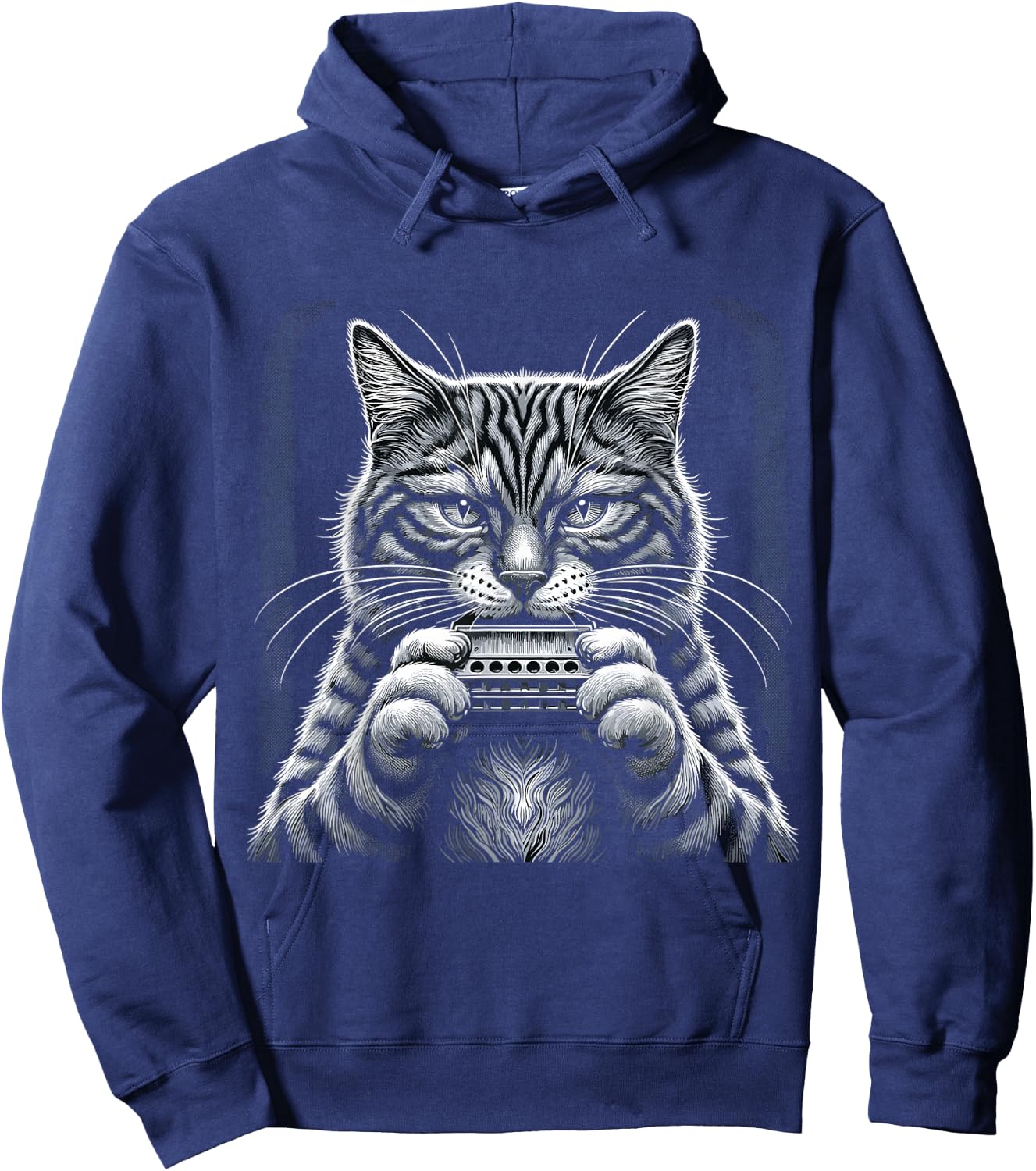 Cat Music Harmonica Player Country Folk Blues Whiskers Tabby Hoodie - Hoodie | Navy