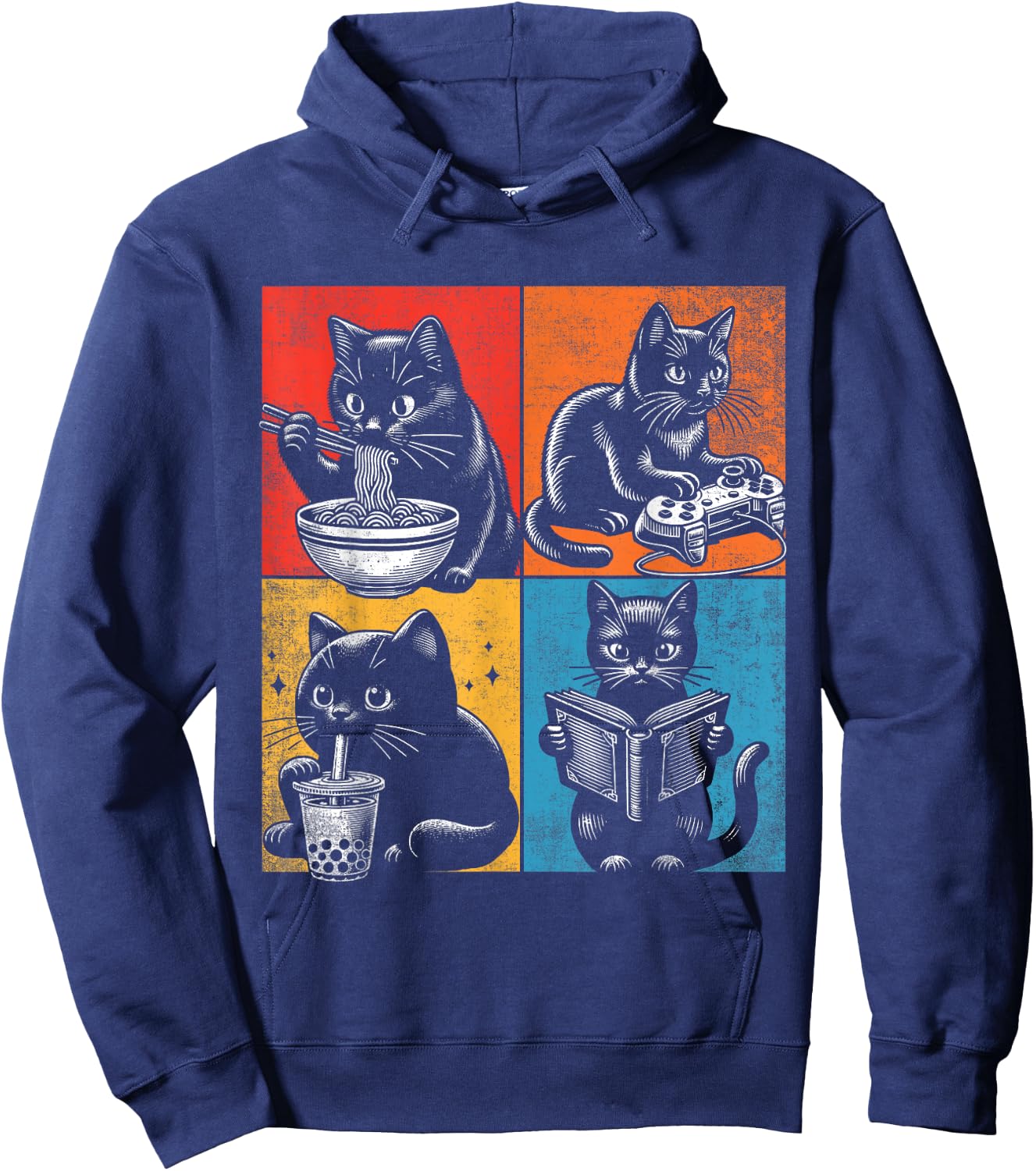 Funny Cat Ramen Boba Gaming And Reading Books Lover. Anime Hoodie - Hoodie | Navy