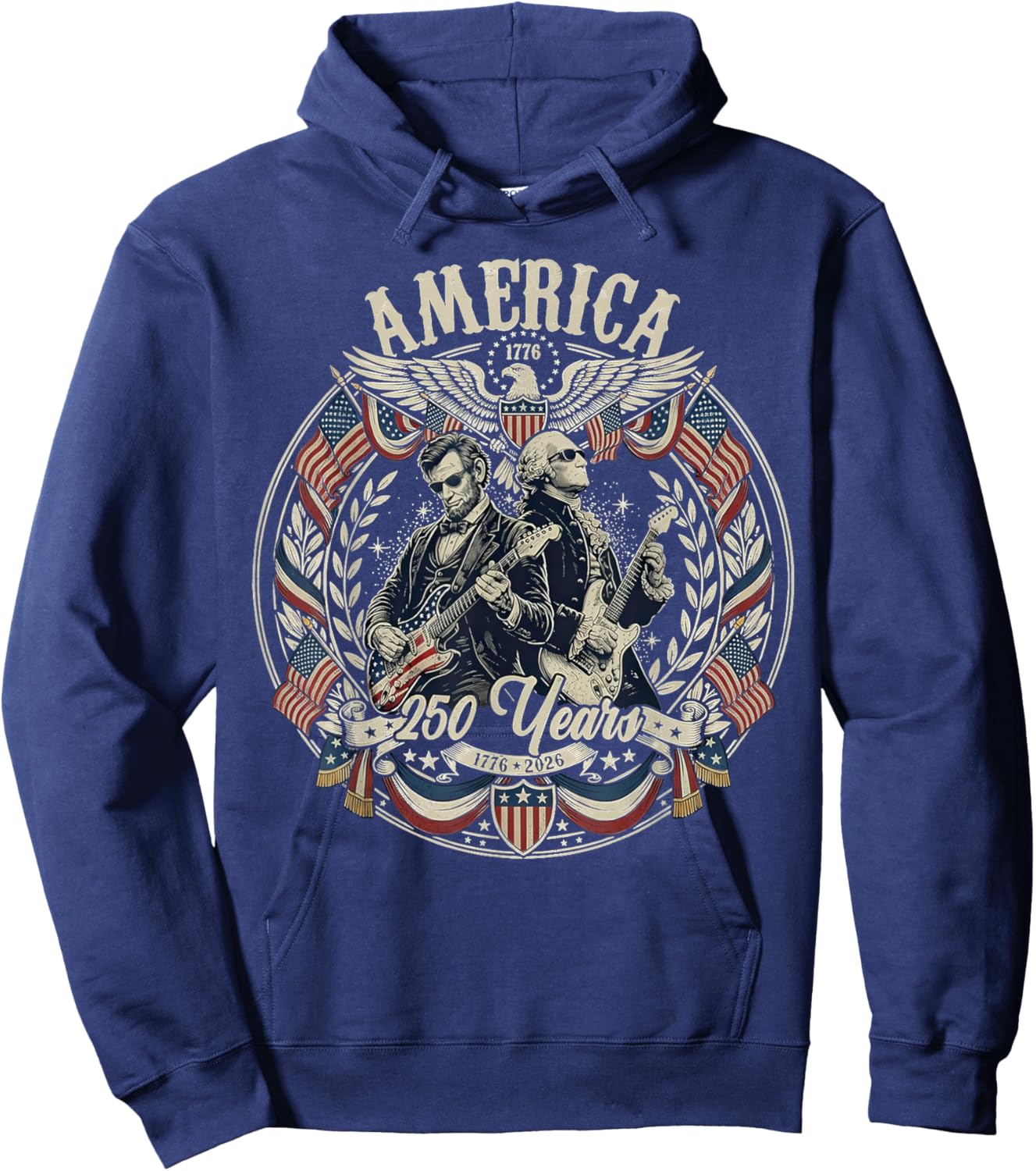 Patriotic George Washington Abe Lincoln Playing Guitar 250th Hoodie - Hoodie | Navy