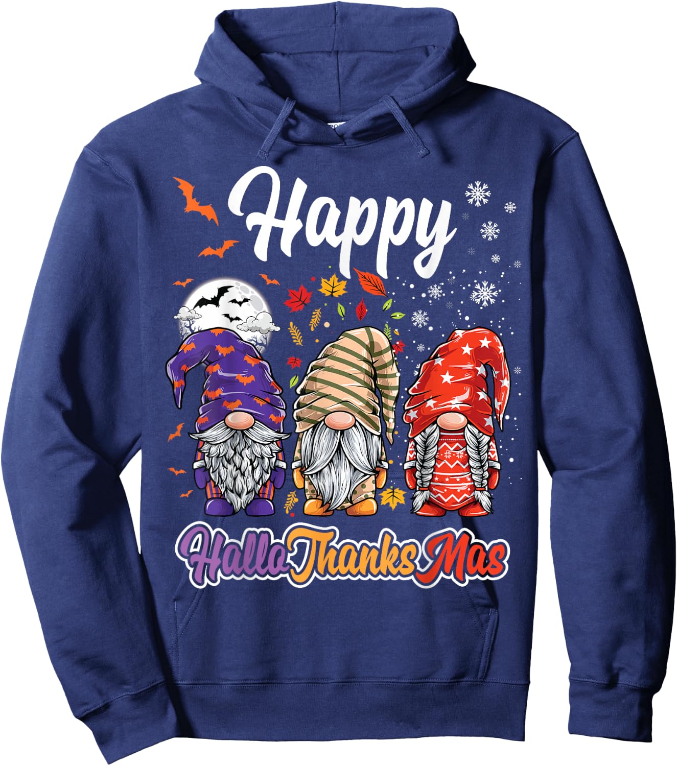 Happy Hallothanksmas Gnomes Halloween Thanksgiving Christmas Hoodie - Hoodie | Navy