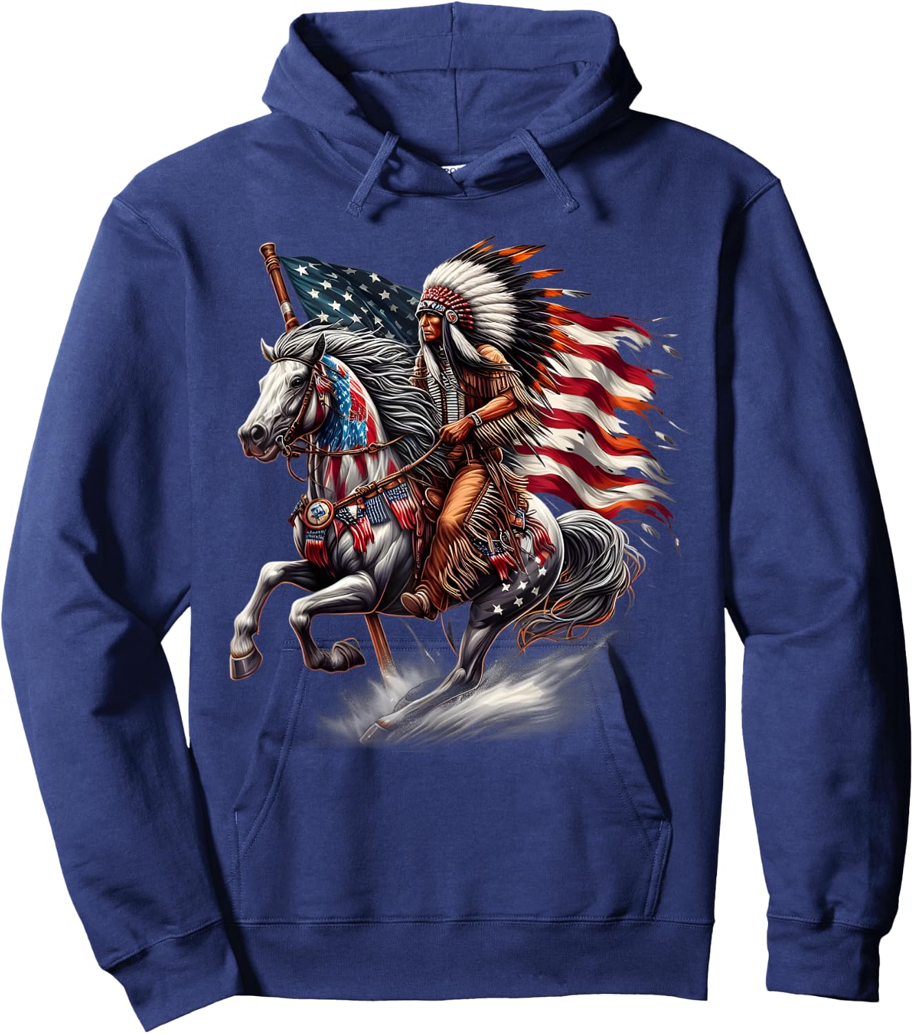 Native American Day Flag Indian Riding Horse 4th of July Hoodie - Hoodie | Navy