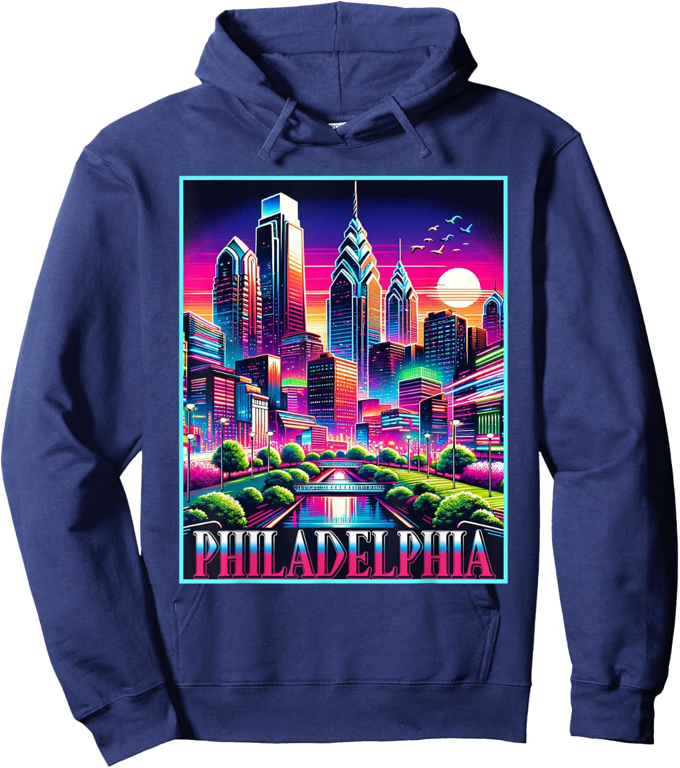 Philadelphia Pennsylvania Shirt 80s 90s Retro City Skyline Hoodie - Hoodie | Navy