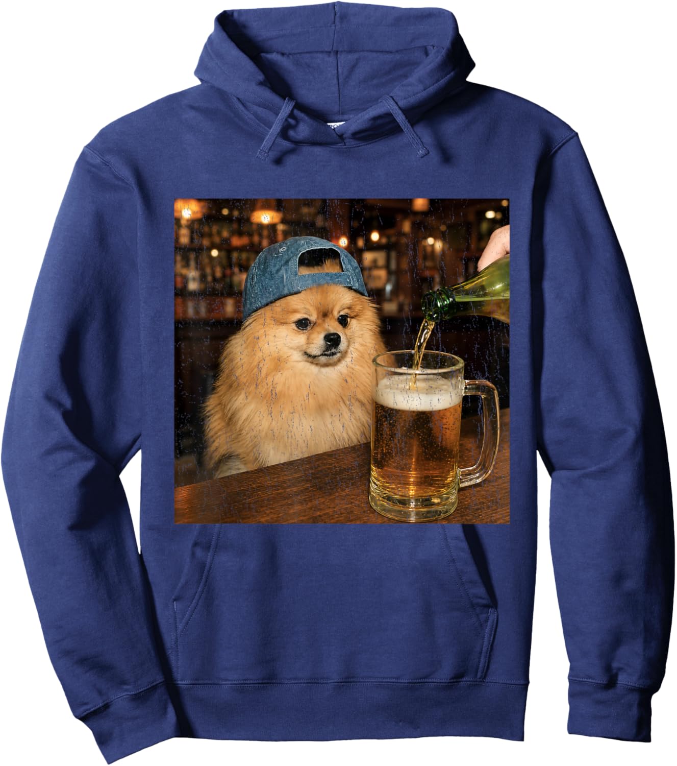 Pomeranian Drinking Beer Shirt Funny Dog Meme Art Vintage Hoodie - Hoodie | Navy