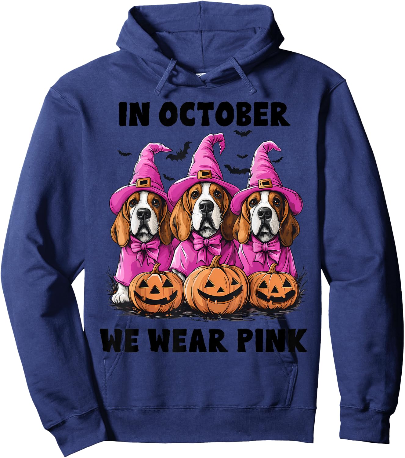 In October We Wear Pink Basset Hound Halloween Breast Cancer Hoodie - Hoodie | Navy