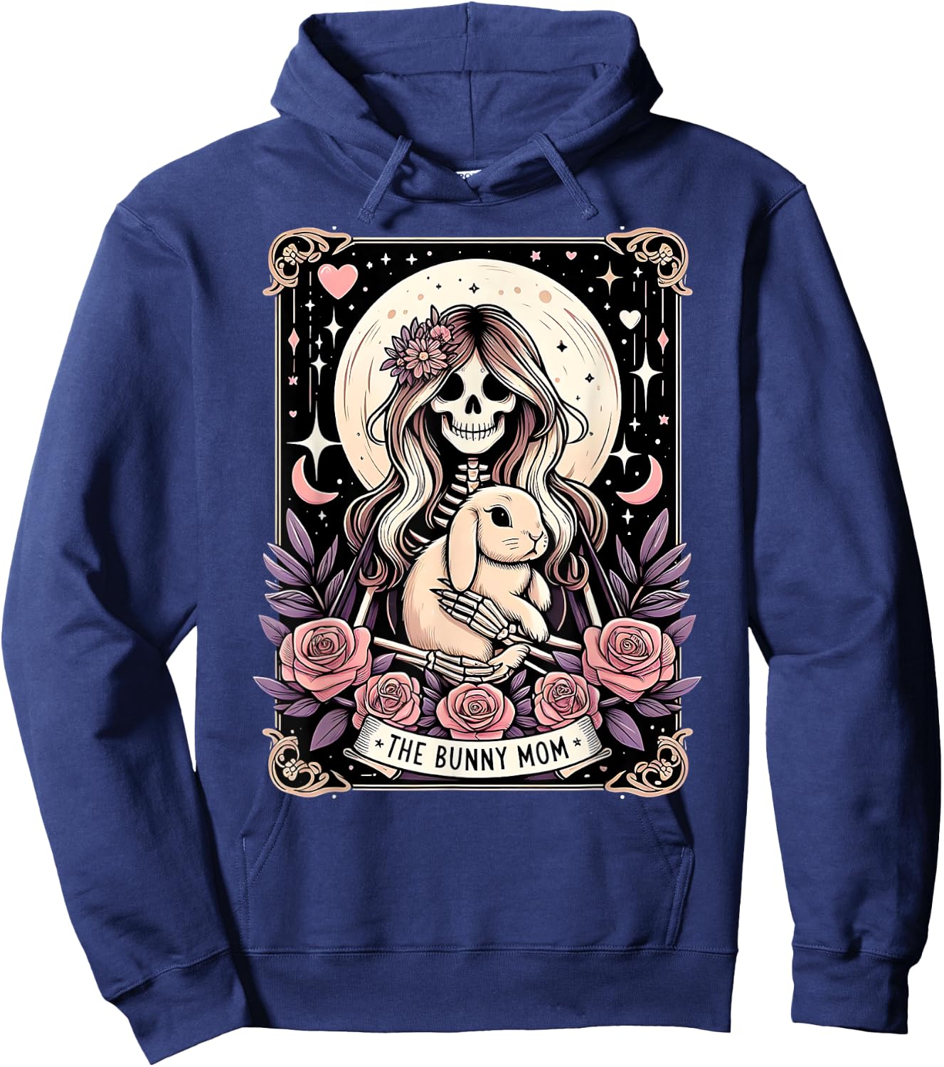Cute Bunny Mom Tarot Card Skeleton Moon with Stars Women Hoodie - Hoodie | Navy