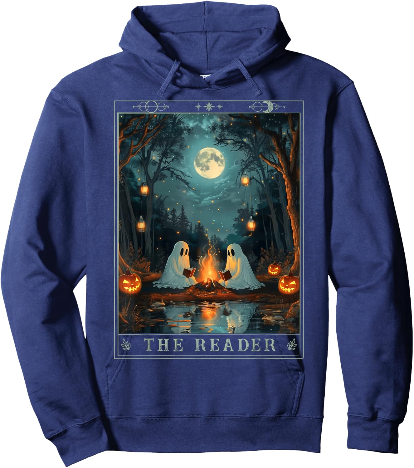 The Reader Bookish Cute Spooky Ghost Reading Book Tarot Card Hoodie - Hoodie | Navy