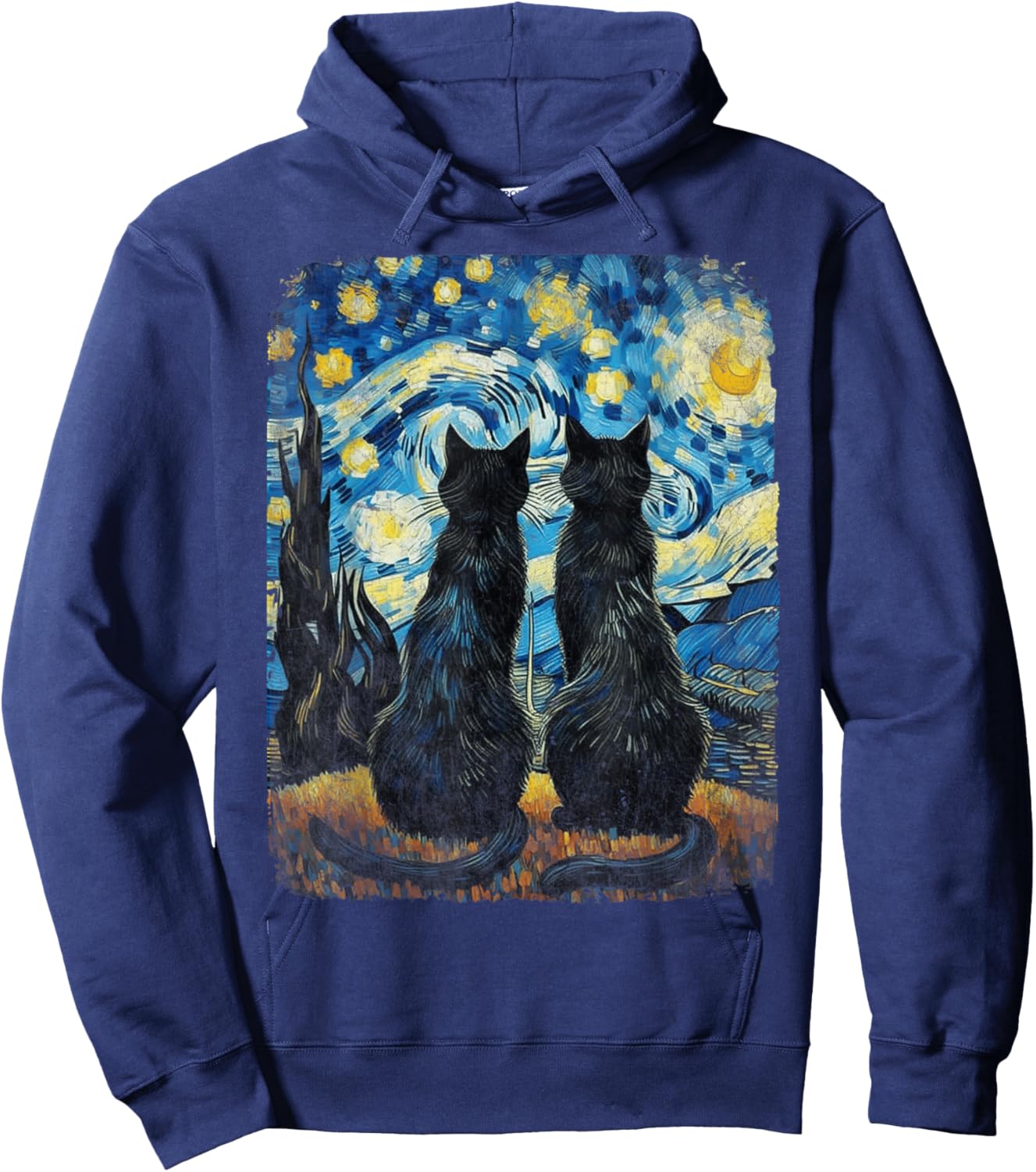 Cat Gifts for Cat Mom Dad Starry Night Van Gogh Cat Hoodie - Hoodie | Navy