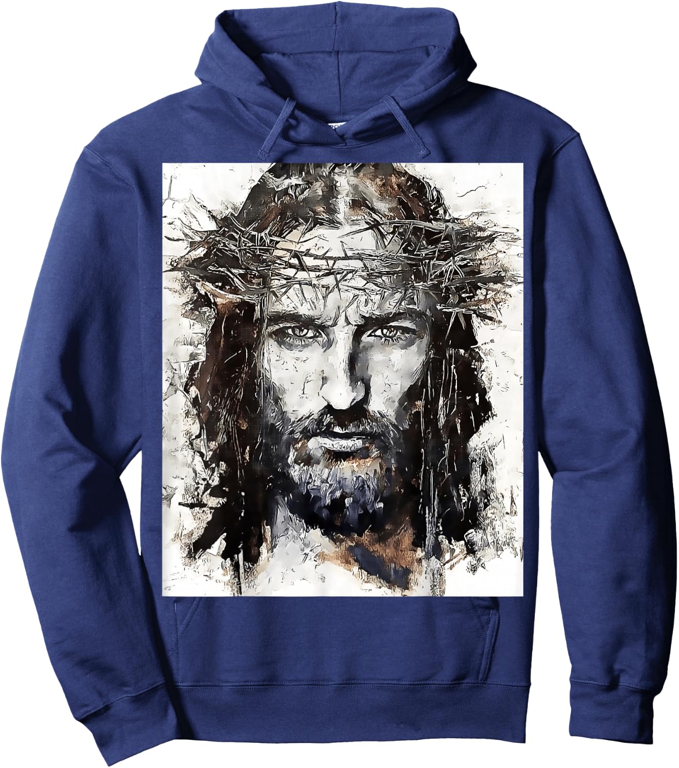 Vintage Art Face Of Jesus On A Cross With Crown Of Thorns Hoodie - Hoodie | Navy