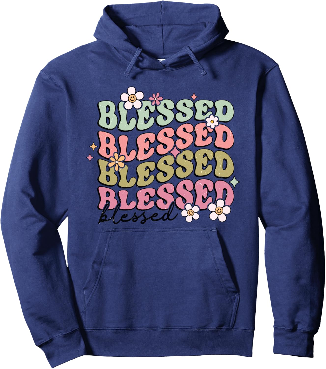 Retro Boho Blessed Religious Jesus Bible Graphic Christian Hoodie - Hoodie | Navy