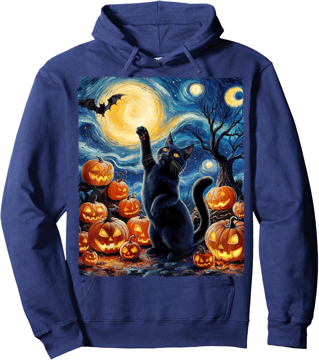 Halloween Cat Van Gogh Starry Night Pumpkin Gifts Men Women Hoodie - Hoodie | Navy