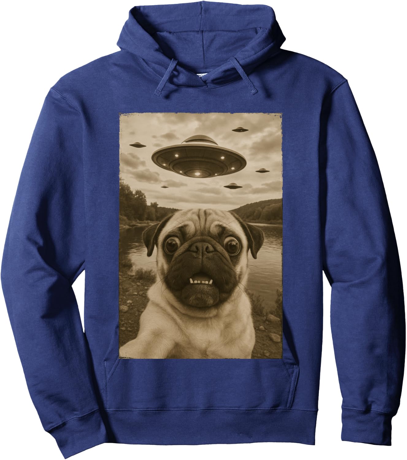 Vintage Pug UFO Encounters - Funny UFO and Pug Selfie Hoodie - Hoodie | Navy