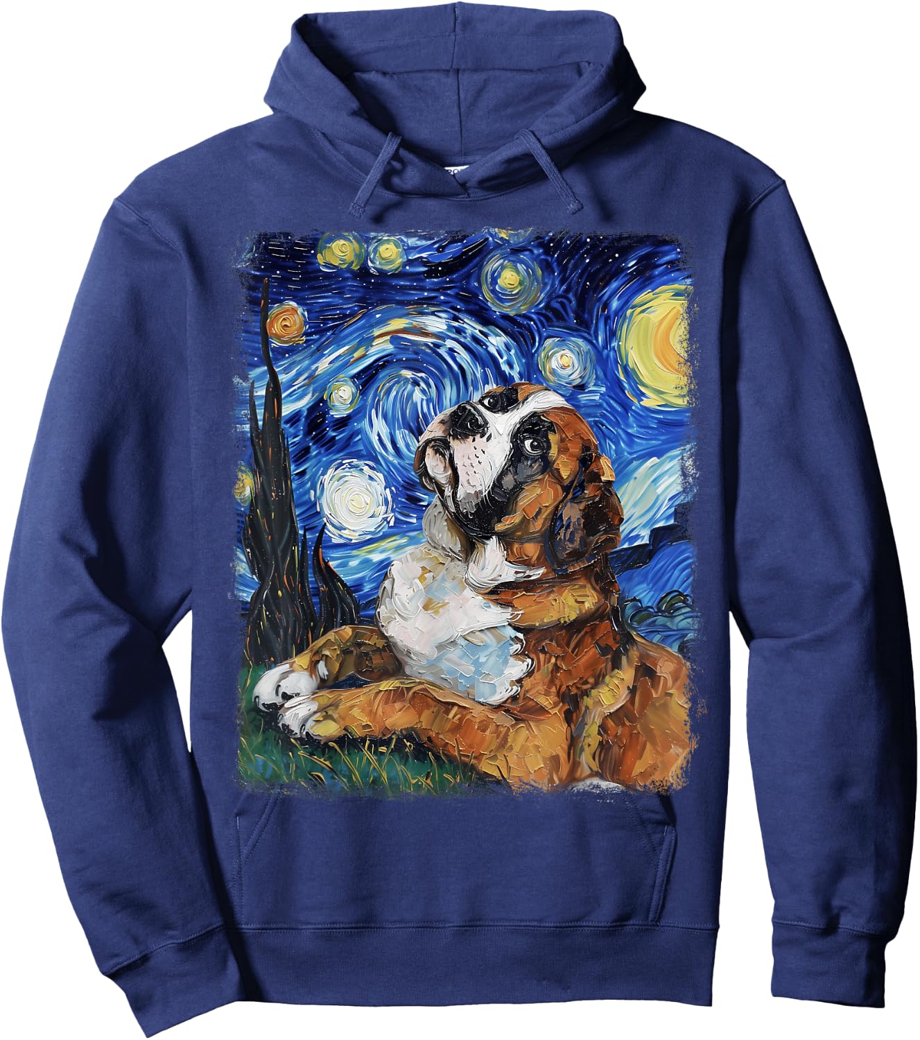 St. Bernard Dog Starry Night Painting Hoodie - Hoodie | Navy