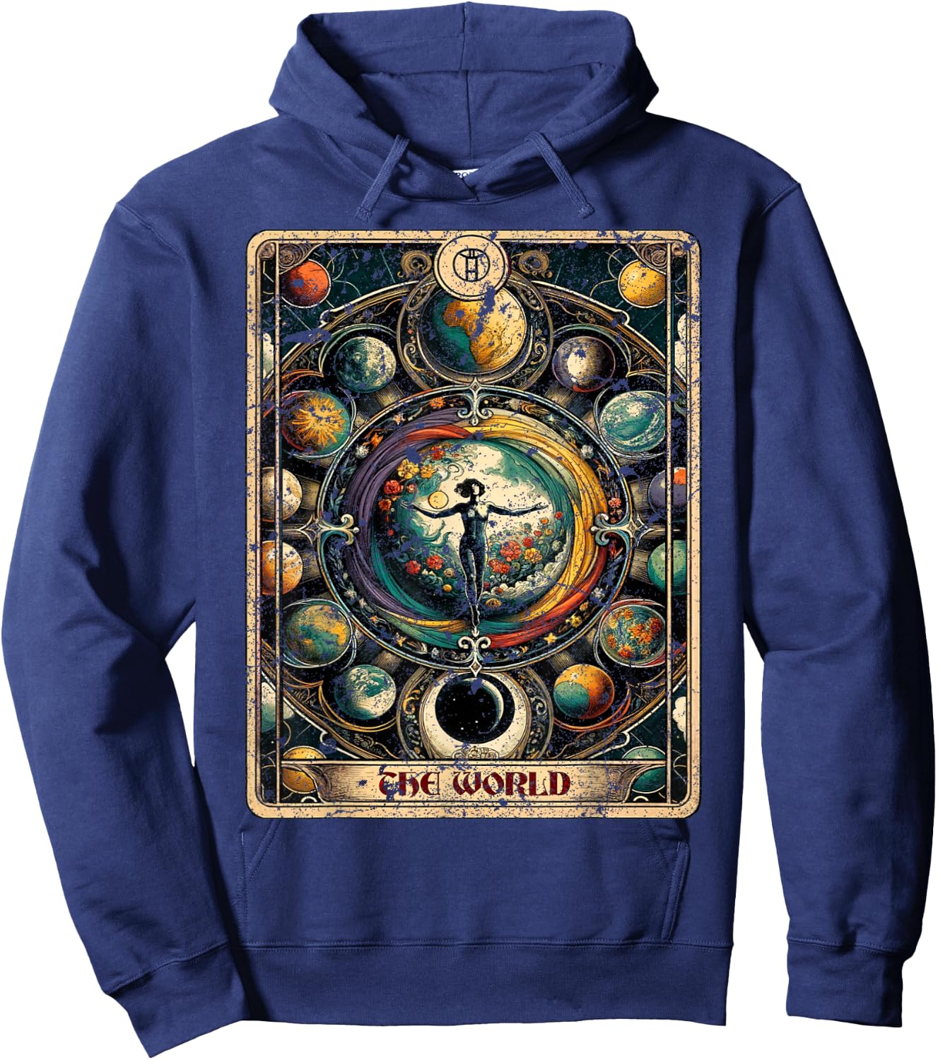 Distressed Grunge Worn Out Style The World Tarot Card Hoodie - Hoodie | Navy