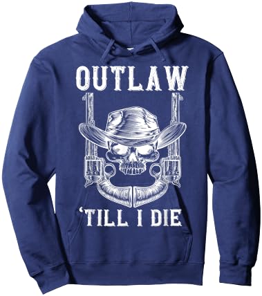 Outlaw Until I Die Bandit Skull Revolver Western Distressed Hoodie - Hoodie | Navy