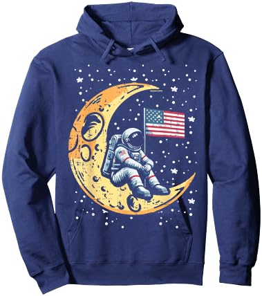 Astronaut Crescent Moon US Flag Space Patriot Men Women Kids Hoodie - Hoodie | Navy