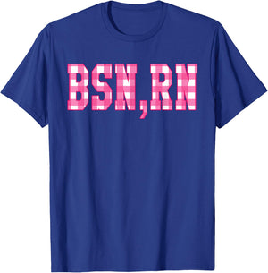 Cute Pink Gingham Checkered Letters BSN Registered Nurse RN T-Shirt - T-Shirt | Royal