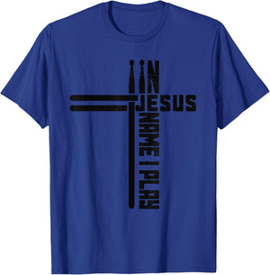 In Jesus Name I Play Drum Drummer Vintage Cross Drumsticks T-Shirt - T-Shirt | Royal