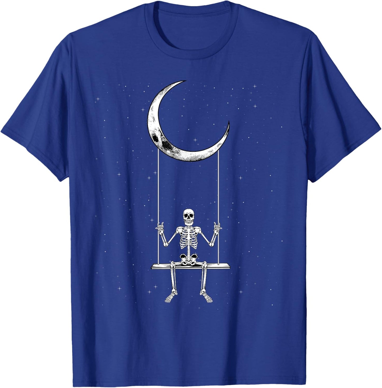 Skeleton On Moon Swing Halloween Rock Concerts Band Design T-Shirt - T-Shirt | Royal