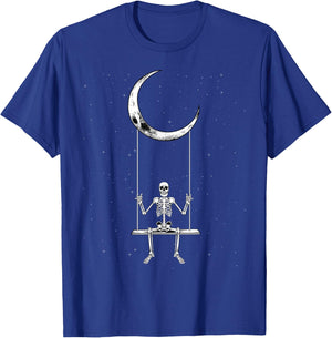 Skeleton On Moon Swing Halloween Rock Concerts Band Design T-Shirt - T-Shirt | Royal