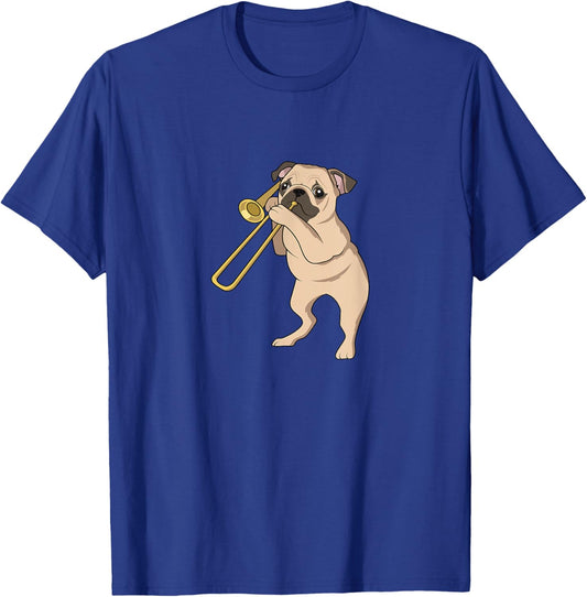 Pug Dog Playing Trombone For Brass Players and Dog Lovers T-Shirt - T-Shirt | Royal