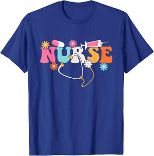 Nurse - Cute Retro Groovy Nurse Flower Nursing T-Shirt - T-Shirt | Royal