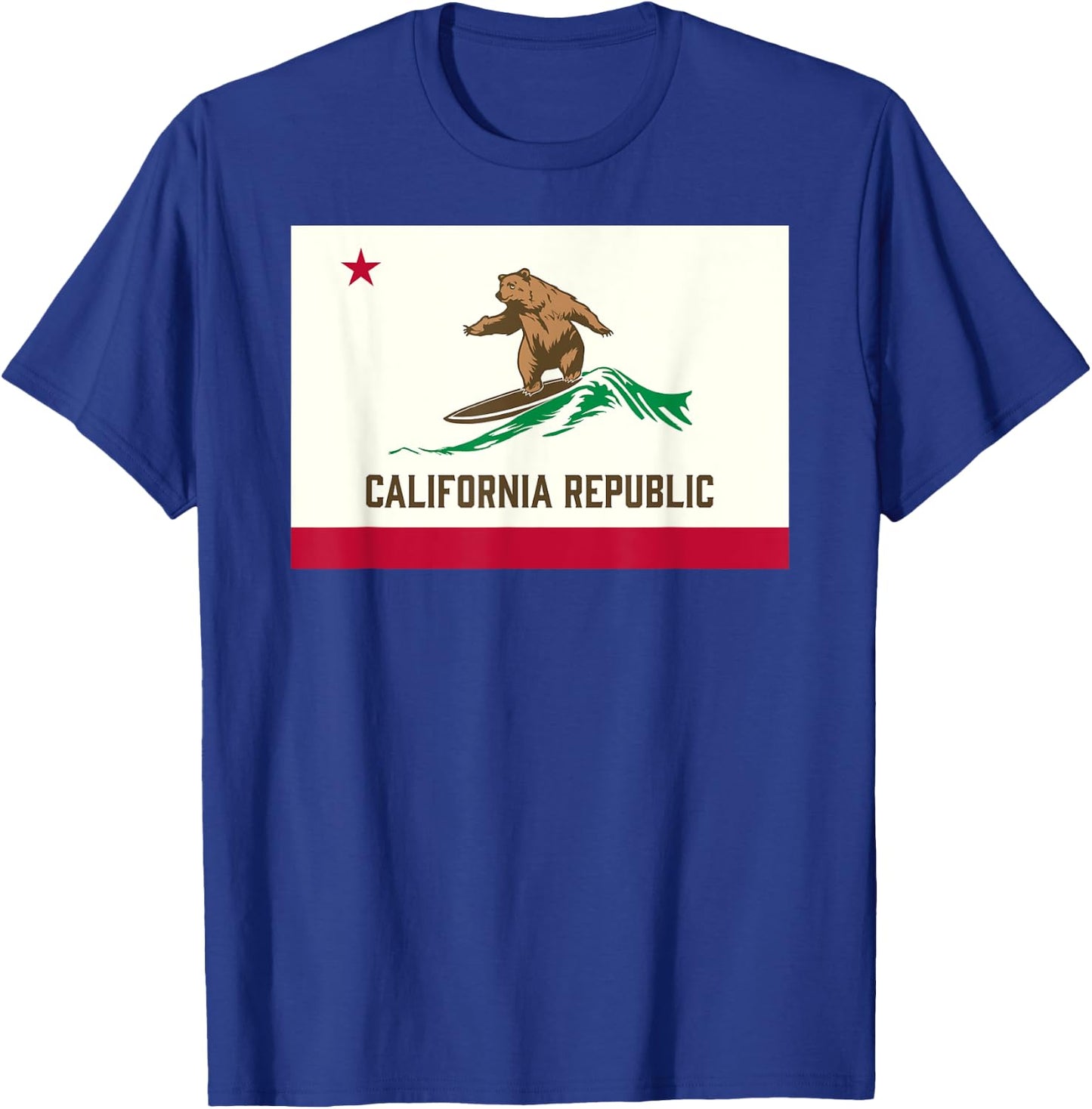California Republic Bear Surfing-State Flag Inspired Design T-Shirt - T-Shirt | Royal
