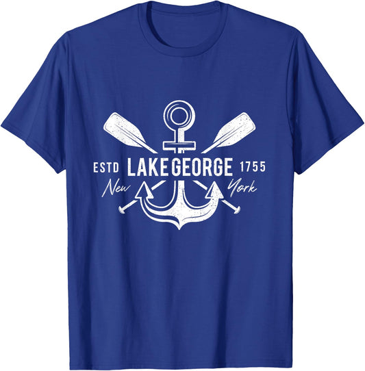 Vintage Nautical Anchor Cross Oars Lake George New York T-Shirt - T-Shirt | Royal