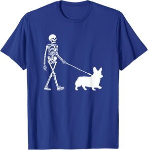 Skeleton Walking a Dog Corgi Lover Halloween Outfit T-Shirt - T-Shirt | Royal