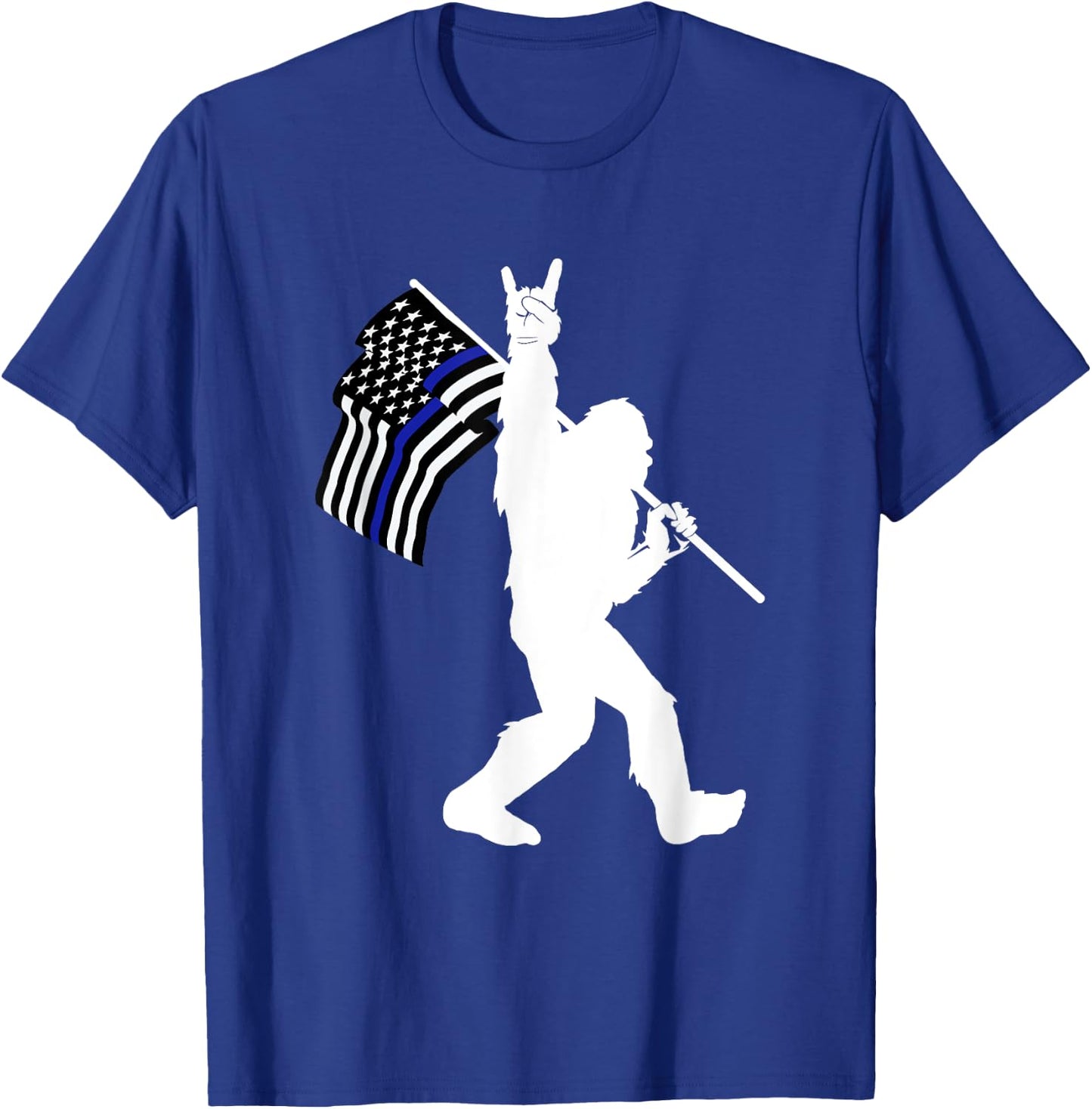 Funny Bigfoot Rock and Roll Thin Blue Line Flag for Police T-Shirt - T-Shirt | Royal