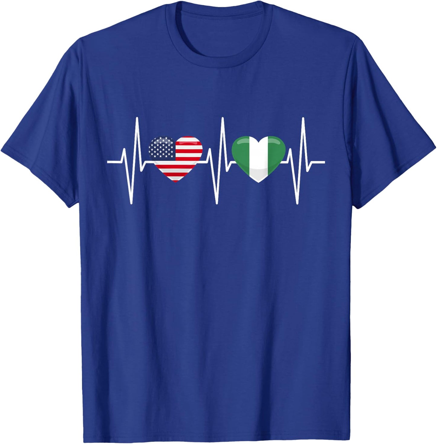 USA Nigeria Shirt Heartbeat America Nigerian Flag Heart T-Shirt - T-Shirt | Royal