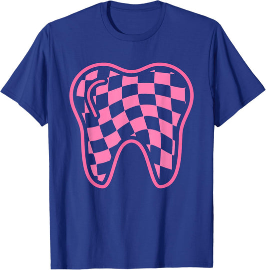 Checkerboard Tooth Dental Hygienist Squad Groovy Dentist T-Shirt - T-Shirt | Royal