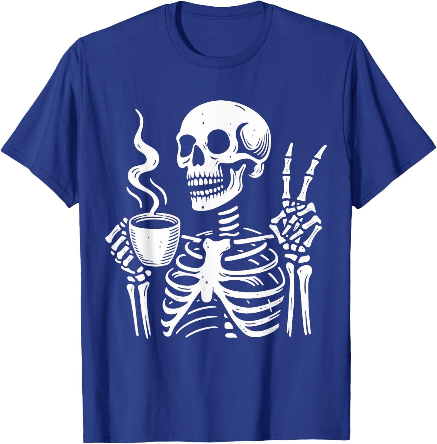 Skeleton Drinking Coffee Gothic Peace Sign Halloween Hippie T-Shirt - T-Shirt | Royal