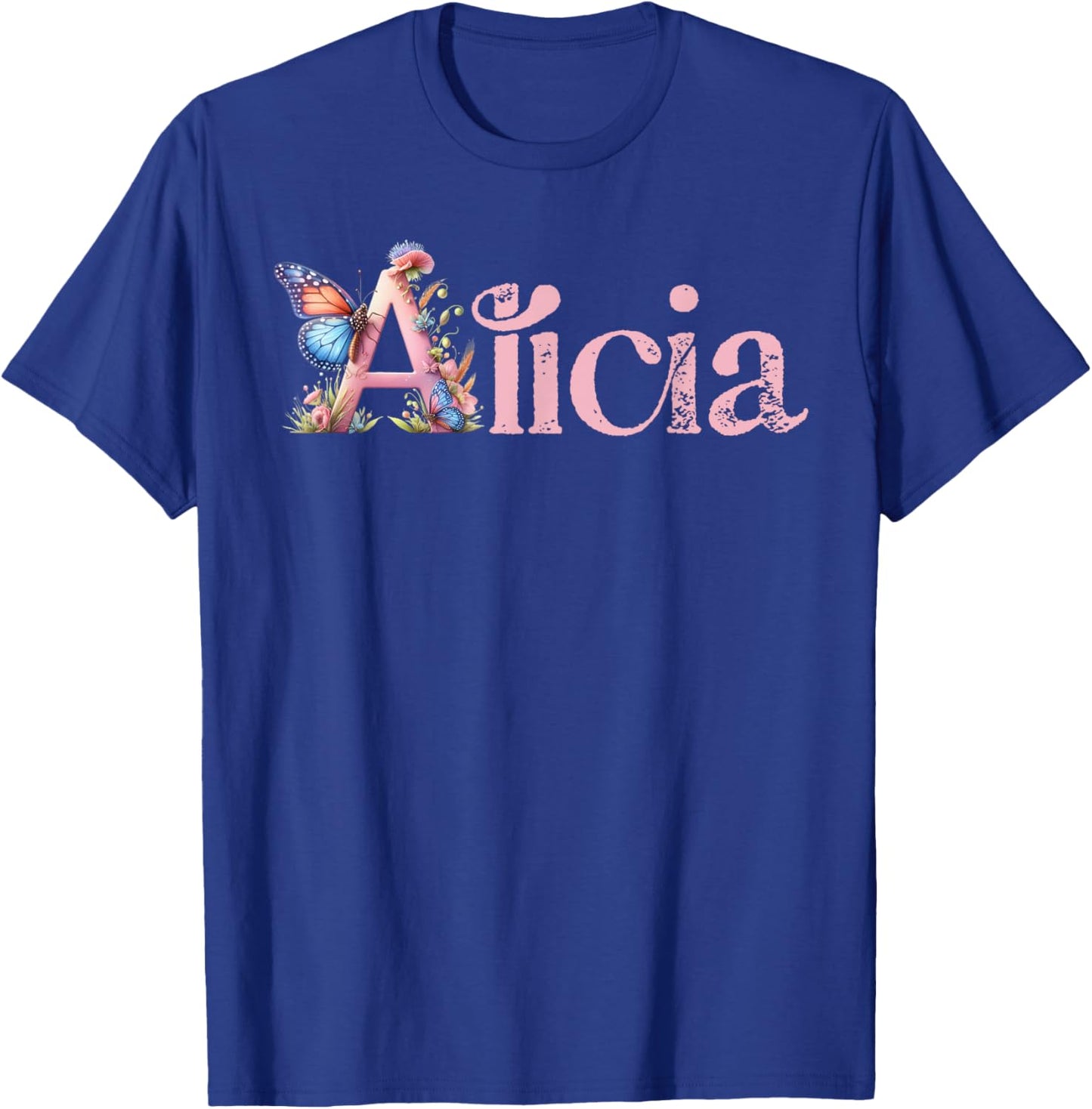 Alicia Initial A Spring Floral And Wings Name T-Shirt - T-Shirt | Royal